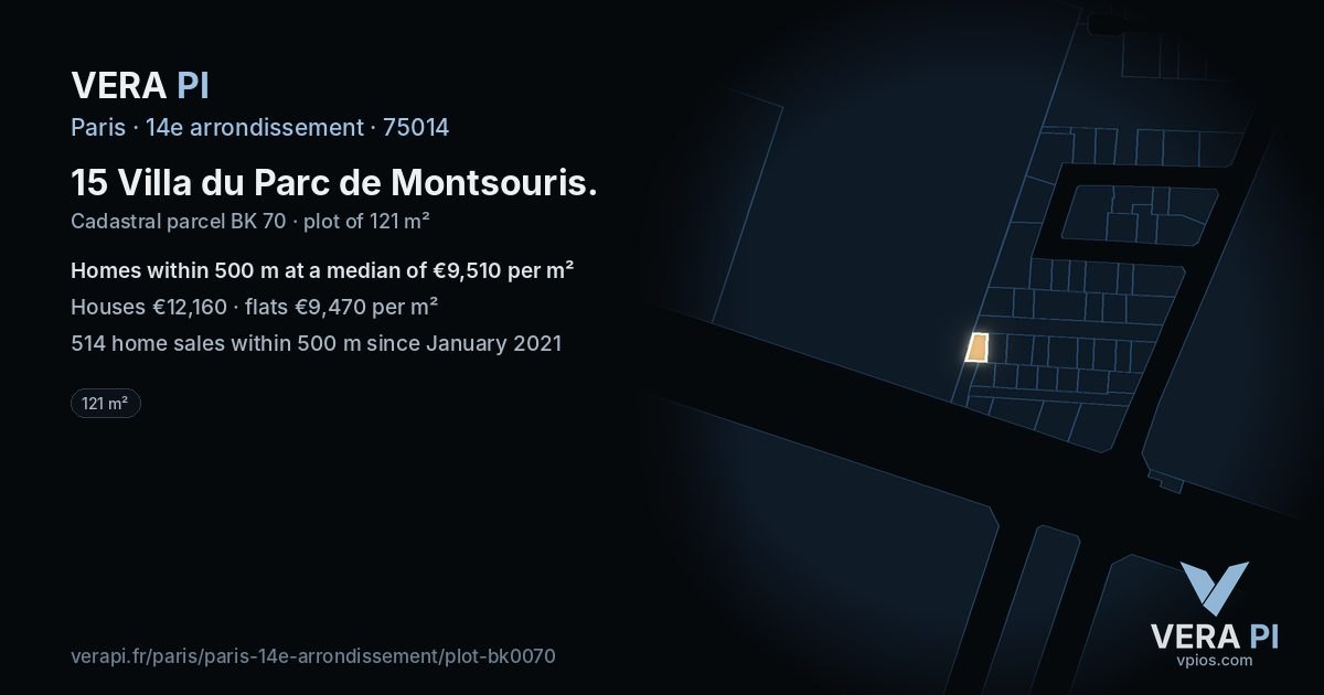 15 Villa du Parc de Montsouris, 14e arrondissement at night – the plot lit, the parcels around coloured by the prices near them