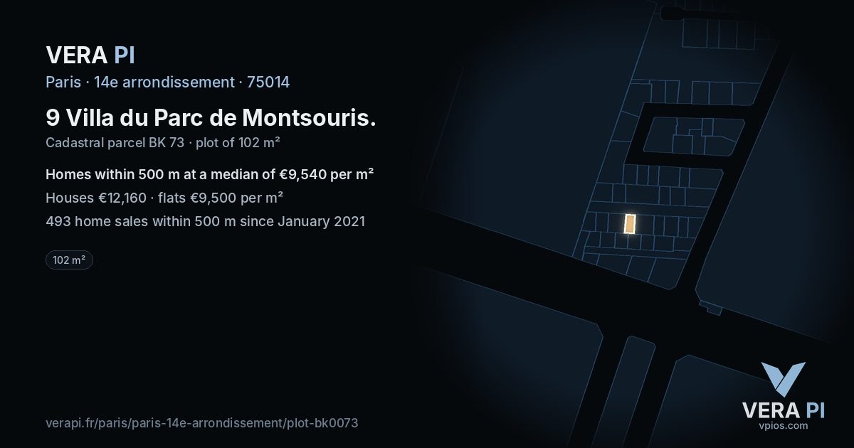 9 Villa du Parc de Montsouris, 14e arrondissement at night – the plot lit, the parcels around coloured by the prices near them
