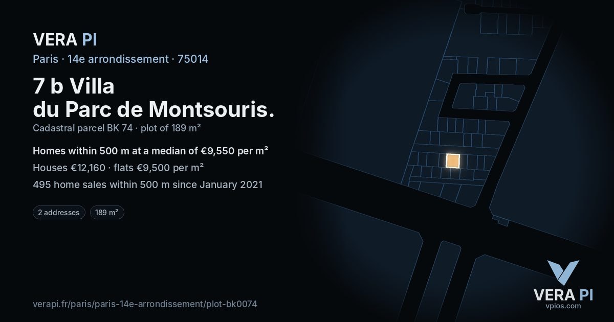 7 b Villa du Parc de Montsouris, 14e arrondissement at night – the plot lit, the parcels around coloured by the prices near them