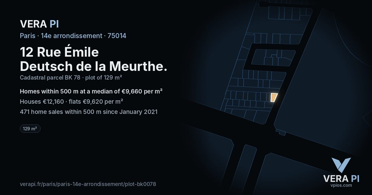 12 Rue Émile Deutsch de la Meurthe, 14e arrondissement at night – the plot lit, the parcels around coloured by the prices near them