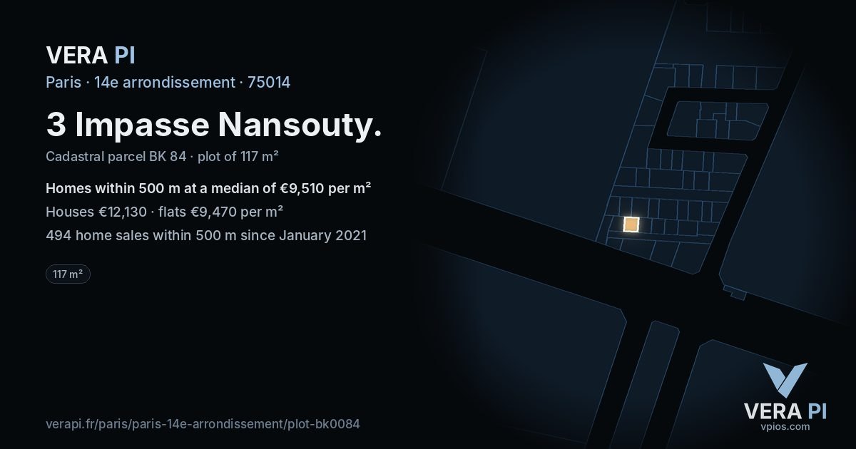 3 Impasse Nansouty, 14e arrondissement at night – the plot lit, the parcels around coloured by the prices near them