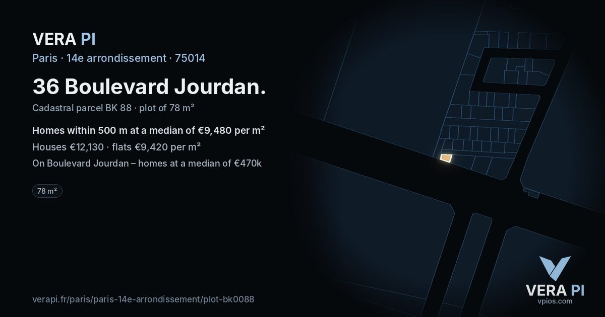 36 Boulevard Jourdan, 14e arrondissement at night – the plot lit, the parcels around coloured by the prices near them