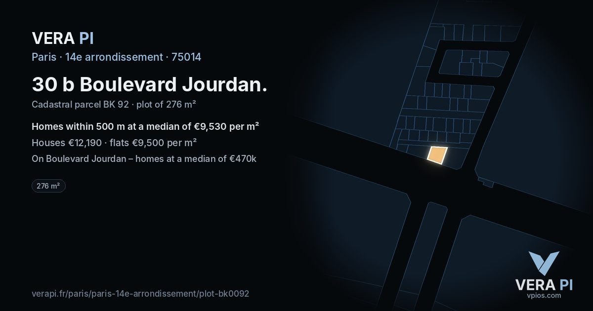 30 b Boulevard Jourdan, 14e arrondissement at night – the plot lit, the parcels around coloured by the prices near them