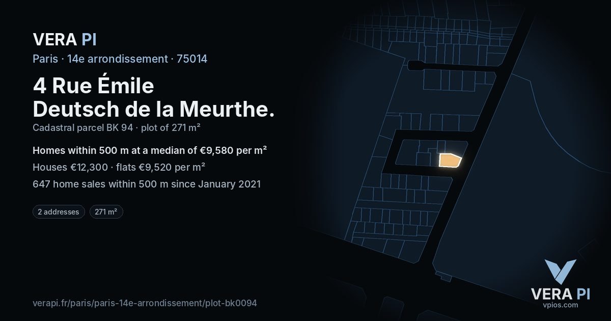 4 Rue Émile Deutsch de la Meurthe, 14e arrondissement at night – the plot lit, the parcels around coloured by the prices near them