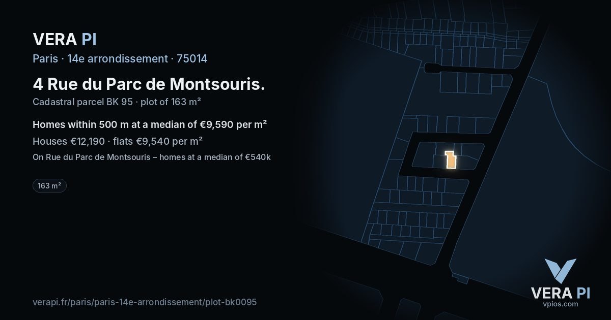 4 Rue du Parc de Montsouris, 14e arrondissement at night – the plot lit, the parcels around coloured by the prices near them