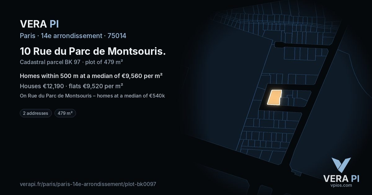 10 Rue du Parc de Montsouris, 14e arrondissement at night – the plot lit, the parcels around coloured by the prices near them