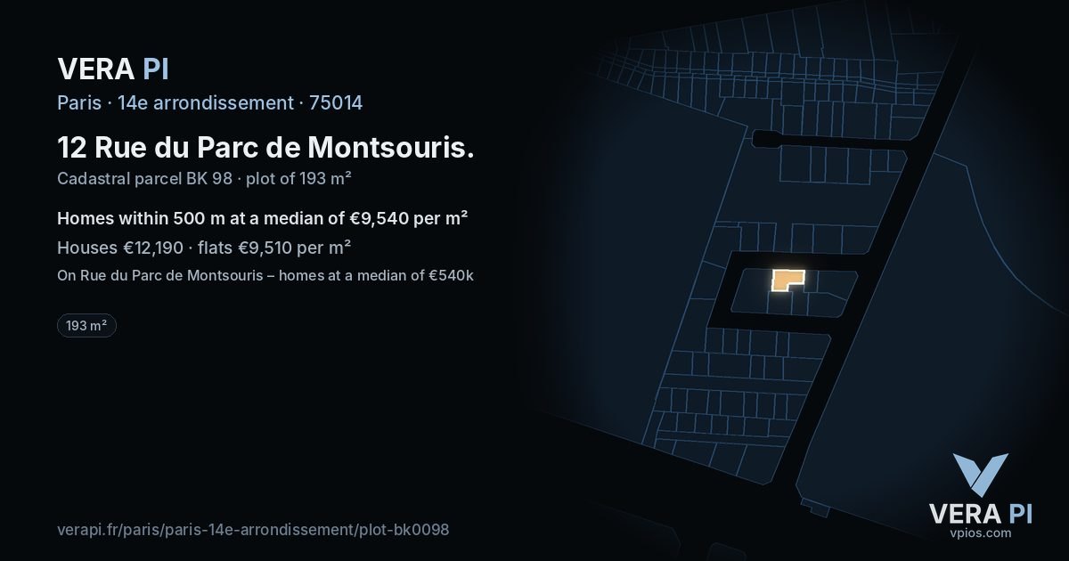 12 Rue du Parc de Montsouris, 14e arrondissement at night – the plot lit, the parcels around coloured by the prices near them