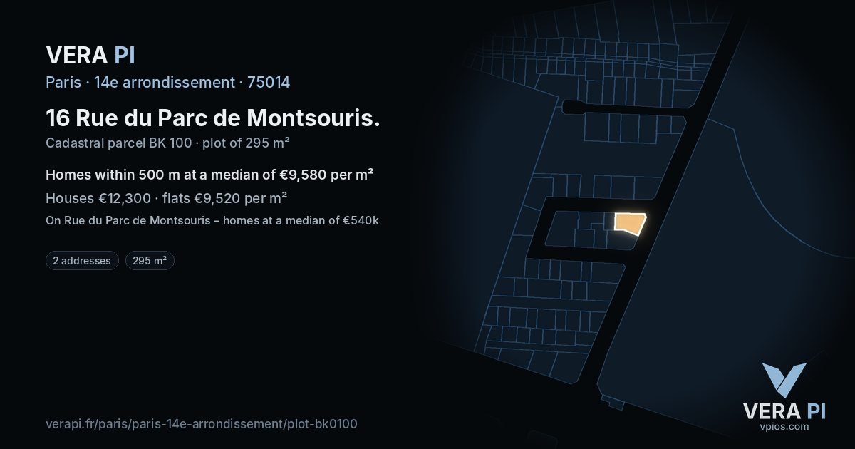 16 Rue du Parc de Montsouris, 14e arrondissement at night – the plot lit, the parcels around coloured by the prices near them