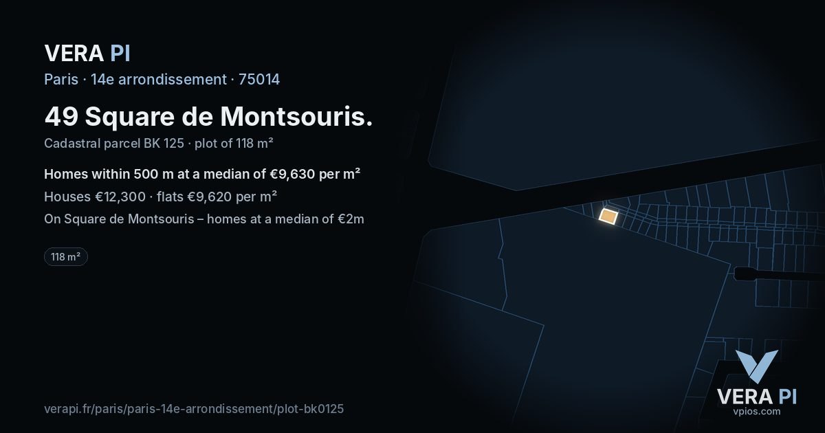 49 Square de Montsouris, 14e arrondissement at night – the plot lit, the parcels around coloured by the prices near them