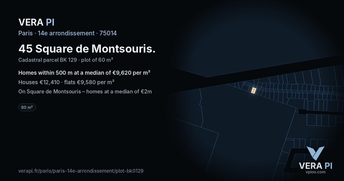 45 Square de Montsouris, 14e arrondissement at night – the plot lit, the parcels around coloured by the prices near them