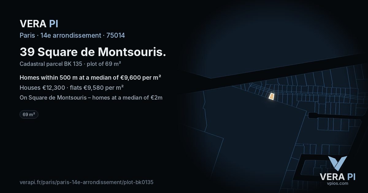 39 Square de Montsouris, 14e arrondissement at night – the plot lit, the parcels around coloured by the prices near them