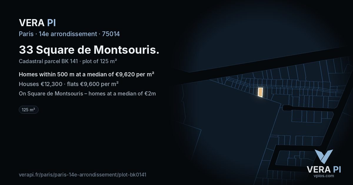 33 Square de Montsouris, 14e arrondissement at night – the plot lit, the parcels around coloured by the prices near them