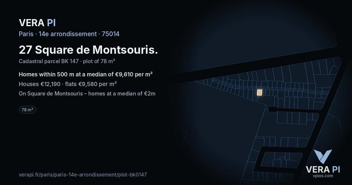 27 Square de Montsouris, 14e arrondissement at night – the plot lit, the parcels around coloured by the prices near them
