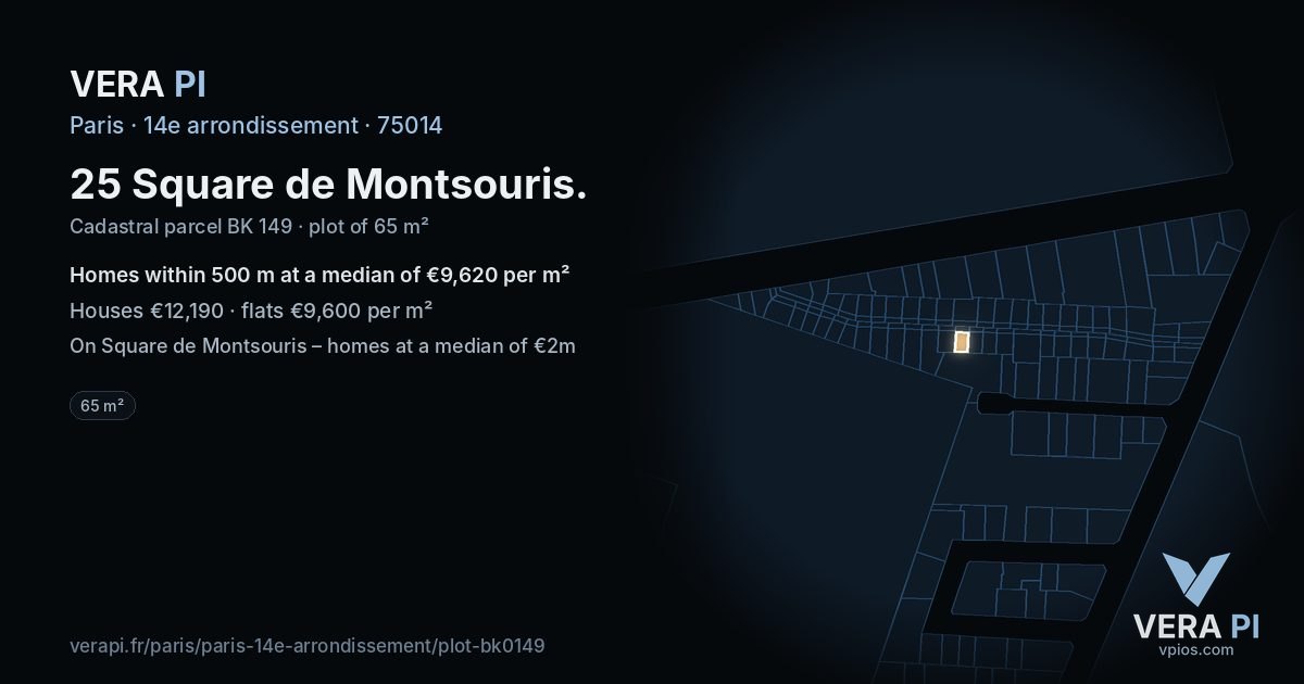 25 Square de Montsouris, 14e arrondissement at night – the plot lit, the parcels around coloured by the prices near them