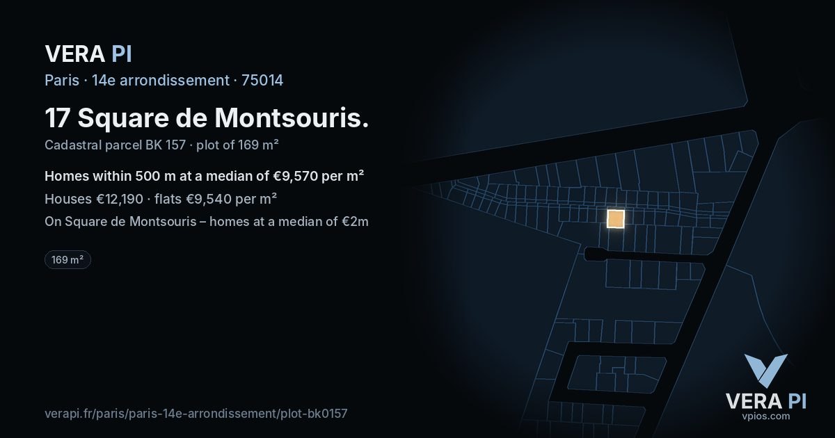 17 Square de Montsouris, 14e arrondissement at night – the plot lit, the parcels around coloured by the prices near them