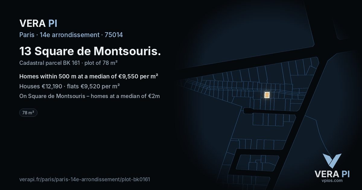 13 Square de Montsouris, 14e arrondissement at night – the plot lit, the parcels around coloured by the prices near them