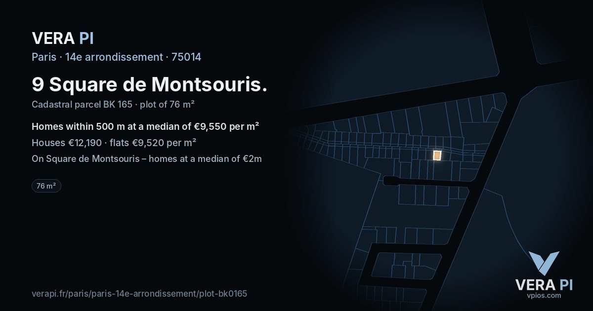 9 Square de Montsouris, 14e arrondissement at night – the plot lit, the parcels around coloured by the prices near them