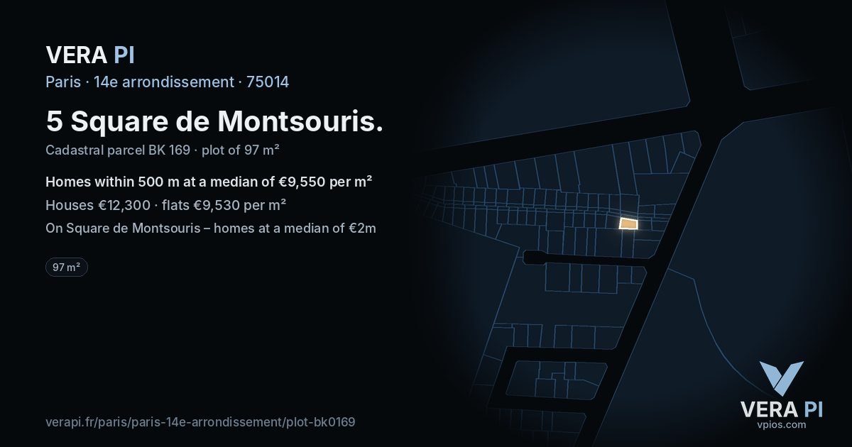5 Square de Montsouris, 14e arrondissement at night – the plot lit, the parcels around coloured by the prices near them