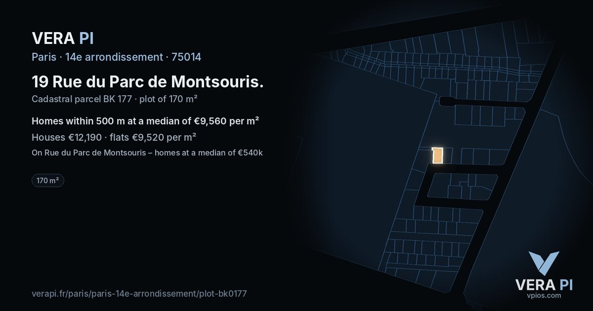 19 Rue du Parc de Montsouris, 14e arrondissement at night – the plot lit, the parcels around coloured by the prices near them