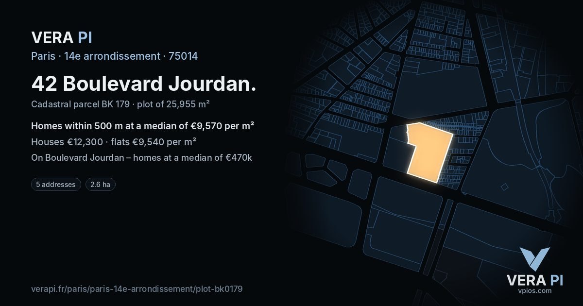 42 Boulevard Jourdan, 14e arrondissement at night – the plot lit, the parcels around coloured by the prices near them