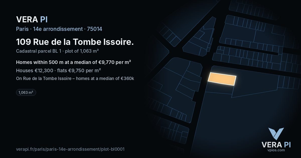 109 Rue de la Tombe Issoire, 14e arrondissement at night – the plot lit, the parcels around coloured by the prices near them