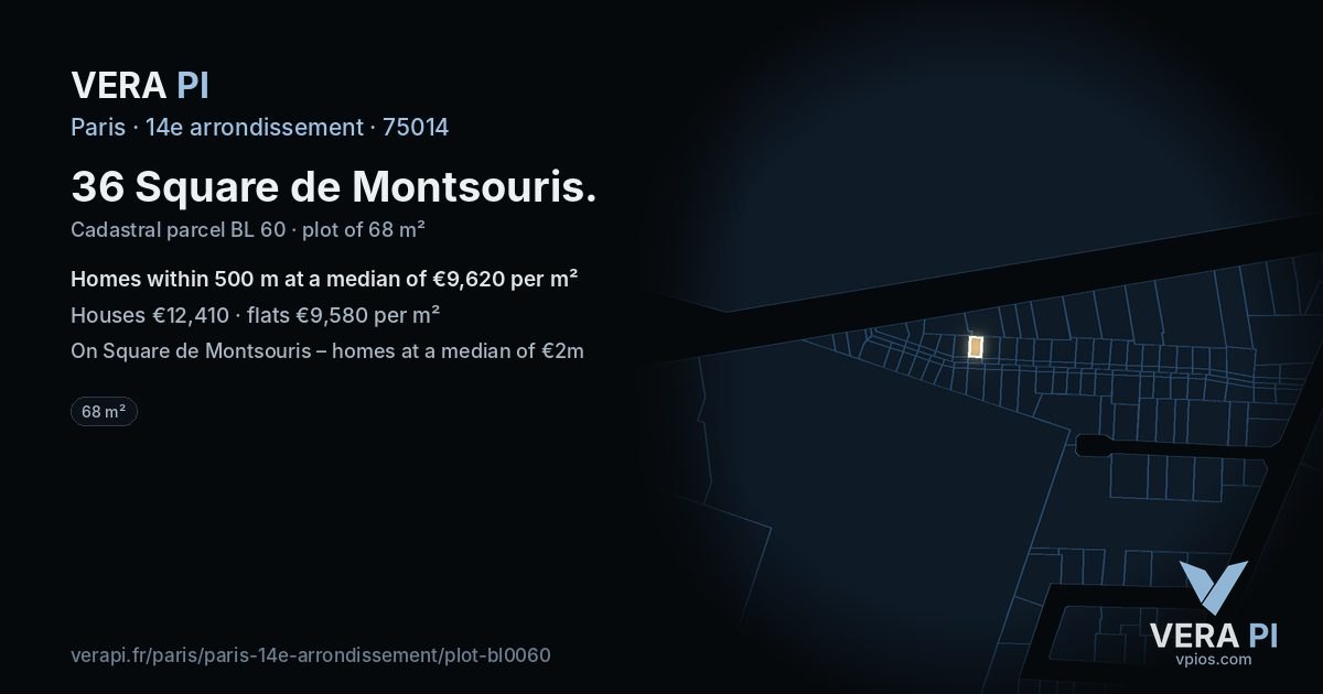 36 Square de Montsouris, 14e arrondissement at night – the plot lit, the parcels around coloured by the prices near them