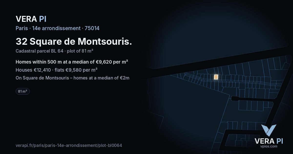 32 Square de Montsouris, 14e arrondissement at night – the plot lit, the parcels around coloured by the prices near them