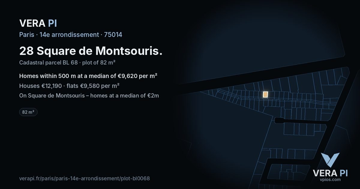 28 Square de Montsouris, 14e arrondissement at night – the plot lit, the parcels around coloured by the prices near them