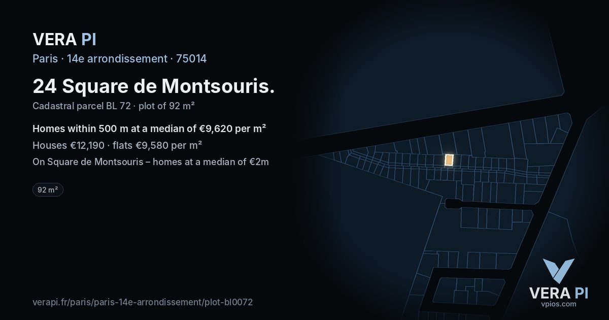 24 Square de Montsouris, 14e arrondissement at night – the plot lit, the parcels around coloured by the prices near them