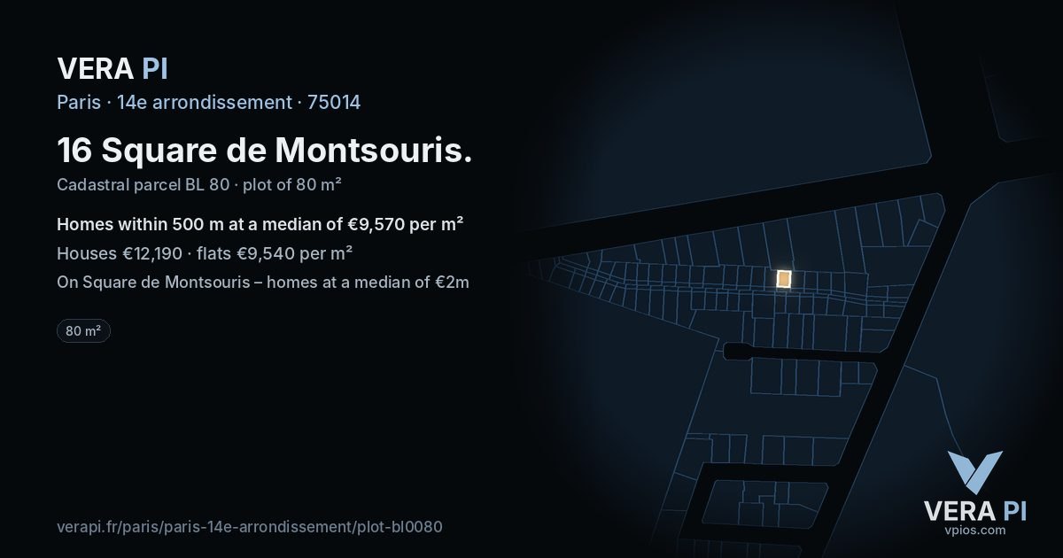 16 Square de Montsouris, 14e arrondissement at night – the plot lit, the parcels around coloured by the prices near them