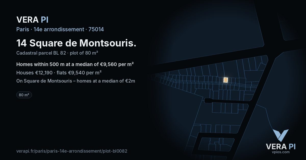 14 Square de Montsouris, 14e arrondissement at night – the plot lit, the parcels around coloured by the prices near them