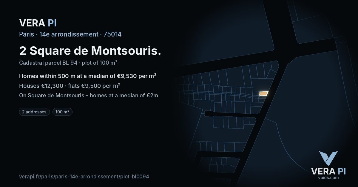 2 Square de Montsouris, 14e arrondissement at night – the plot lit, the parcels around coloured by the prices near them