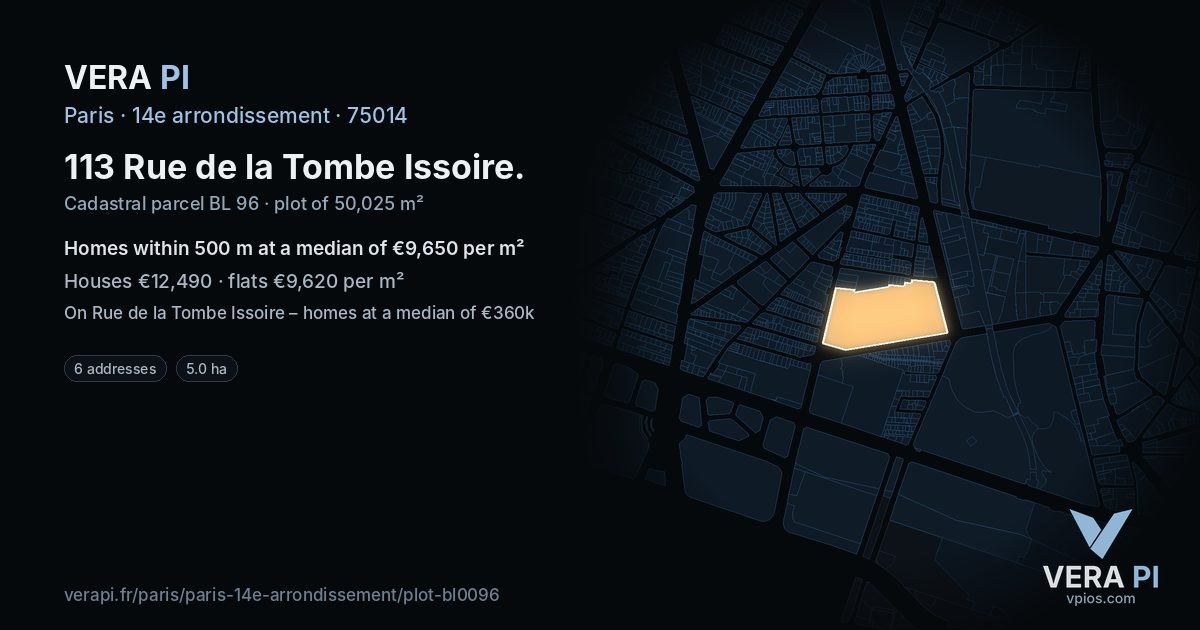 113 Rue de la Tombe Issoire, 14e arrondissement at night – the plot lit, the parcels around coloured by the prices near them