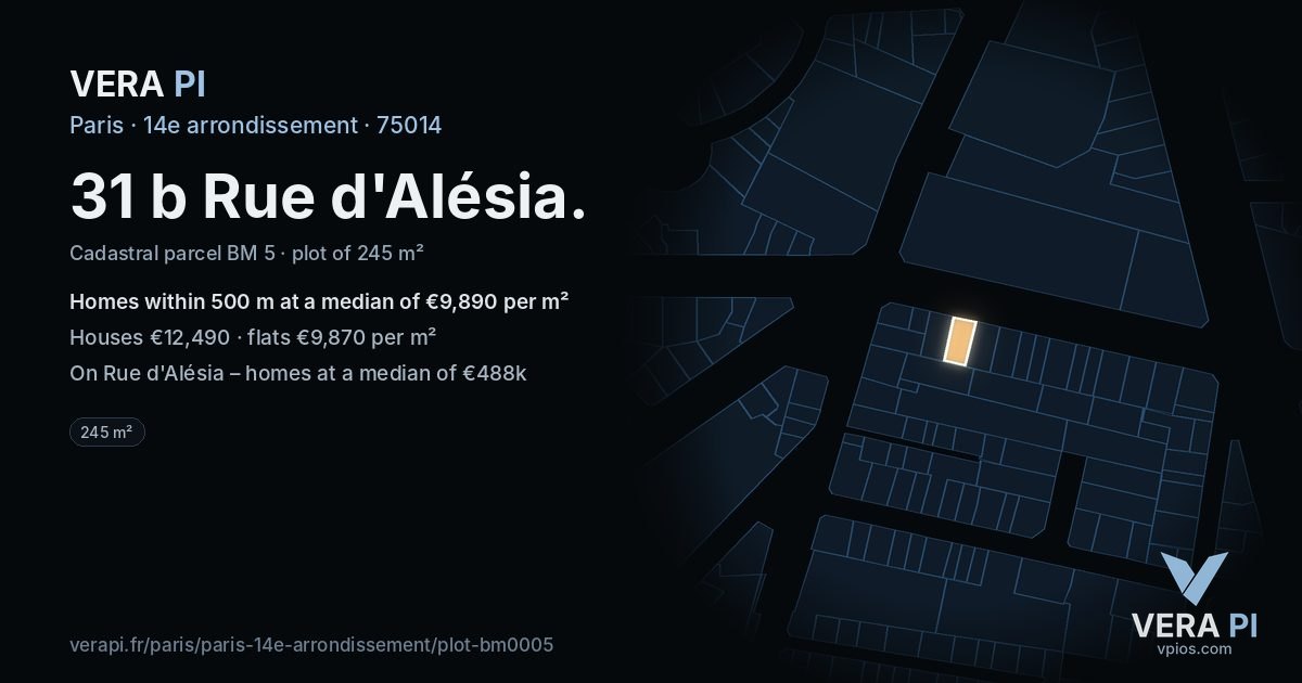 31 b Rue d'Alésia, 14e arrondissement at night – the plot lit, the parcels around coloured by the prices near them
