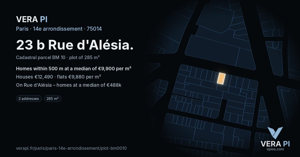 23 b Rue d'Alésia, 14e arrondissement at night – the plot lit, the parcels around coloured by the prices near them