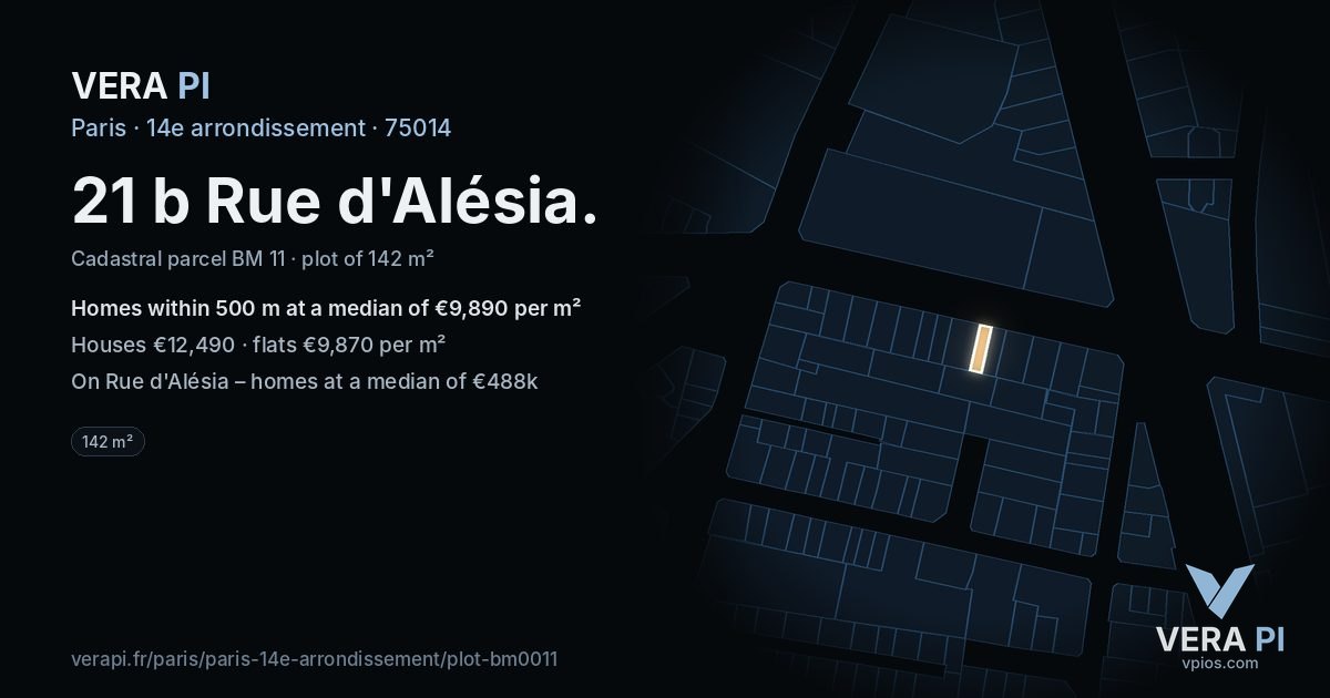 21 b Rue d'Alésia, 14e arrondissement at night – the plot lit, the parcels around coloured by the prices near them