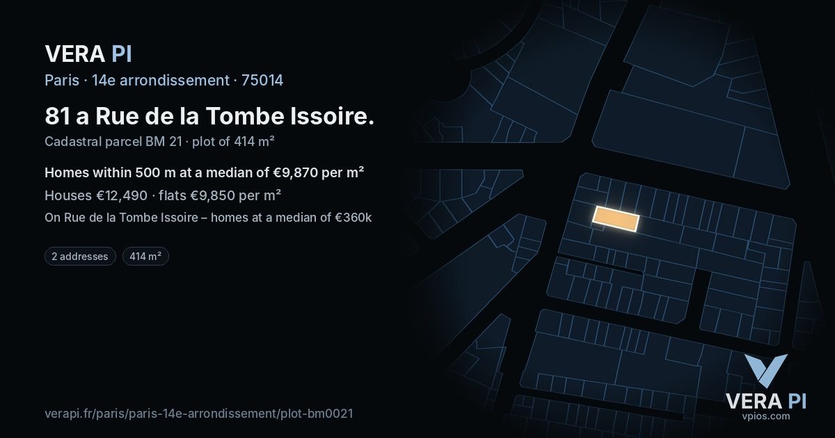 81 a Rue de la Tombe Issoire, 14e arrondissement at night – the plot lit, the parcels around coloured by the prices near them