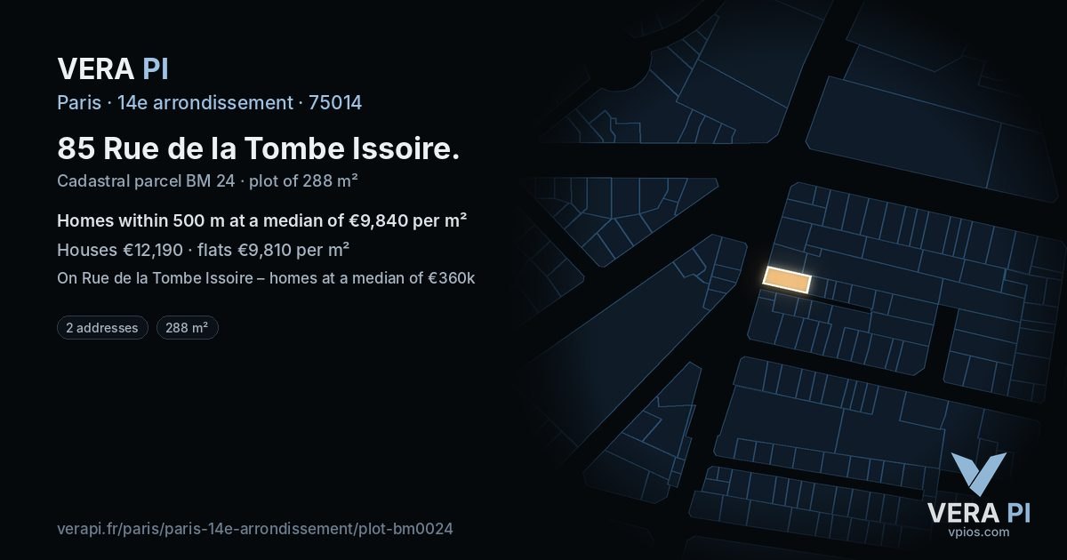 85 Rue de la Tombe Issoire, 14e arrondissement at night – the plot lit, the parcels around coloured by the prices near them