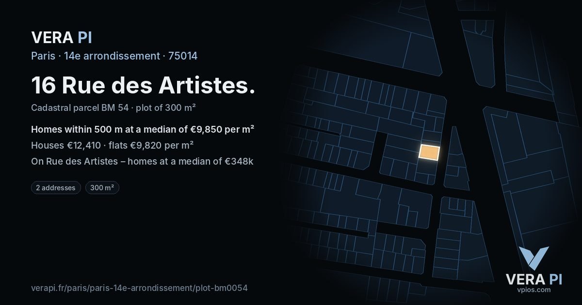 16 Rue des Artistes, 14e arrondissement at night – the plot lit, the parcels around coloured by the prices near them