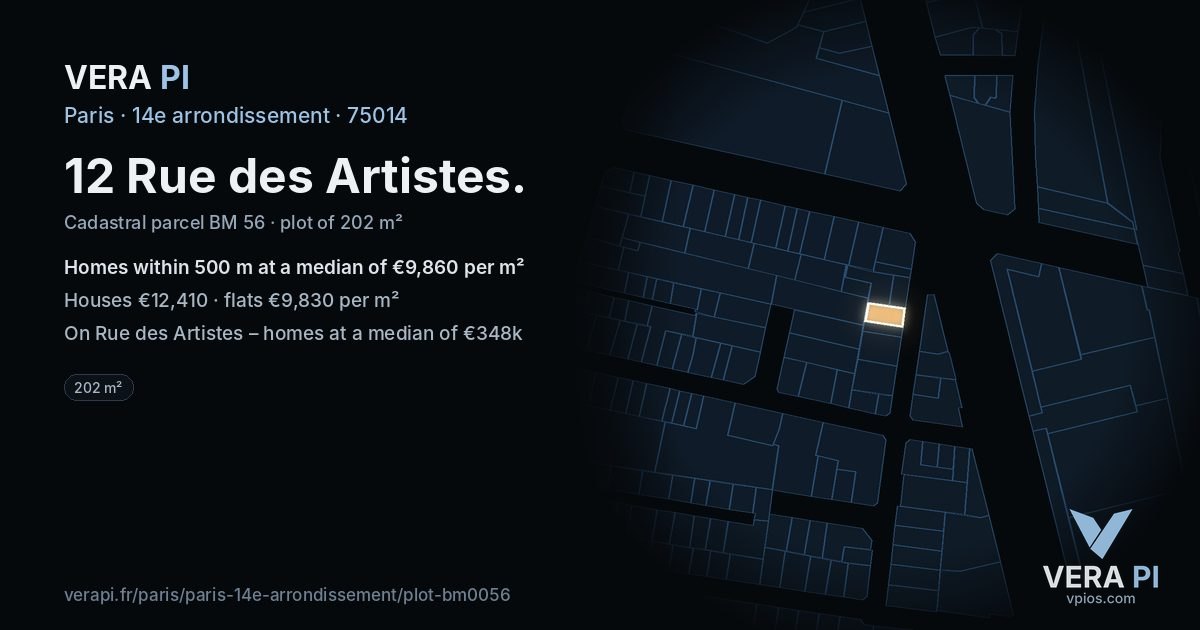 12 Rue des Artistes, 14e arrondissement at night – the plot lit, the parcels around coloured by the prices near them