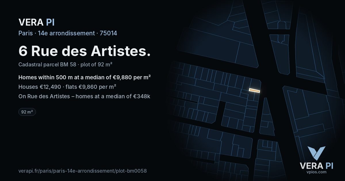 6 Rue des Artistes, 14e arrondissement at night – the plot lit, the parcels around coloured by the prices near them