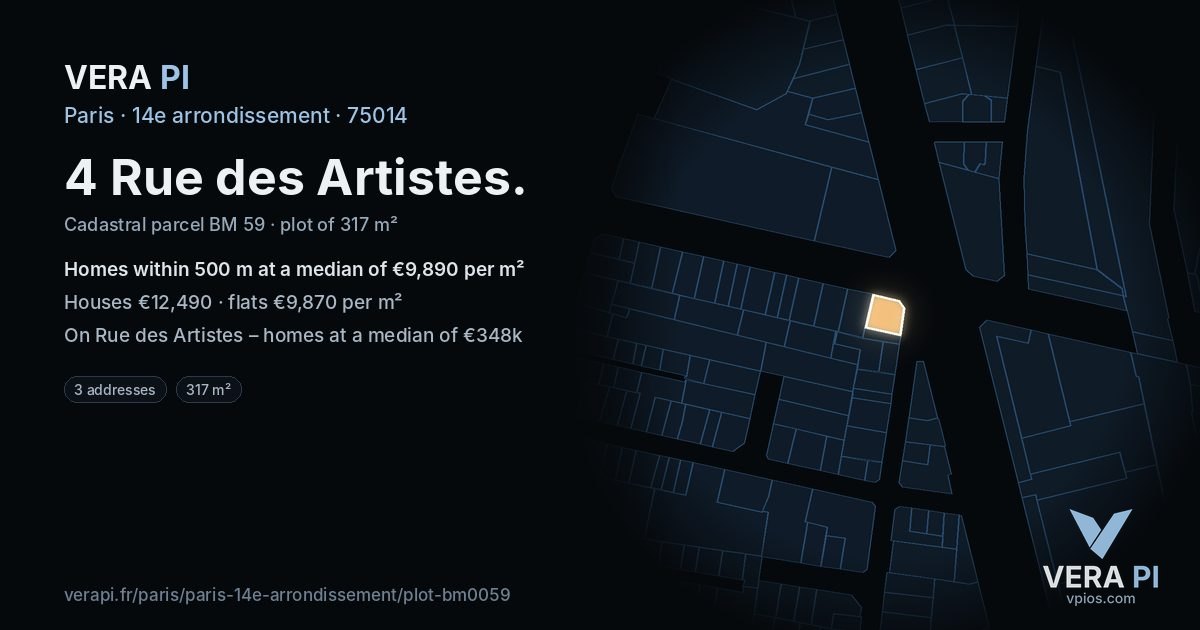 4 Rue des Artistes, 14e arrondissement at night – the plot lit, the parcels around coloured by the prices near them