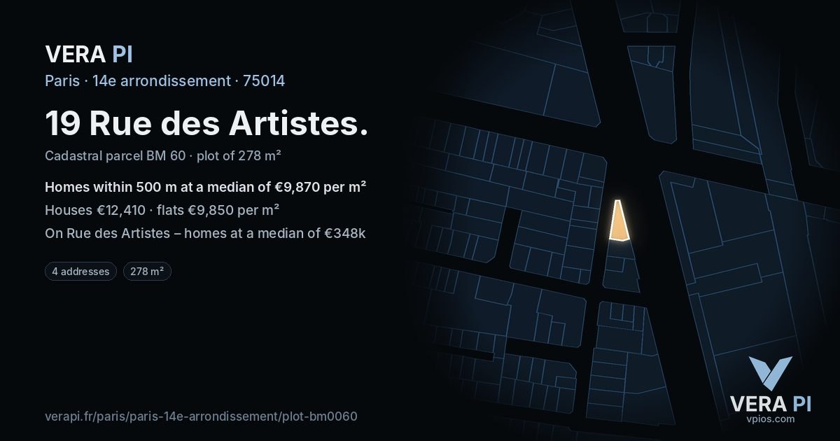 19 Rue des Artistes, 14e arrondissement at night – the plot lit, the parcels around coloured by the prices near them