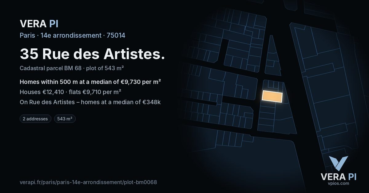 35 Rue des Artistes, 14e arrondissement at night – the plot lit, the parcels around coloured by the prices near them