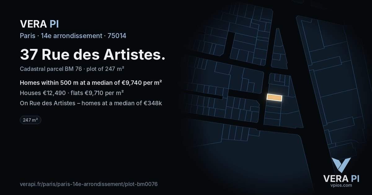 37 Rue des Artistes, 14e arrondissement at night – the plot lit, the parcels around coloured by the prices near them