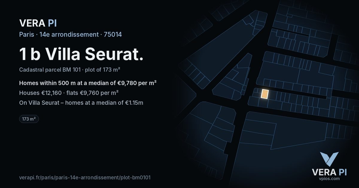 1 b Villa Seurat, 14e arrondissement at night – the plot lit, the parcels around coloured by the prices near them