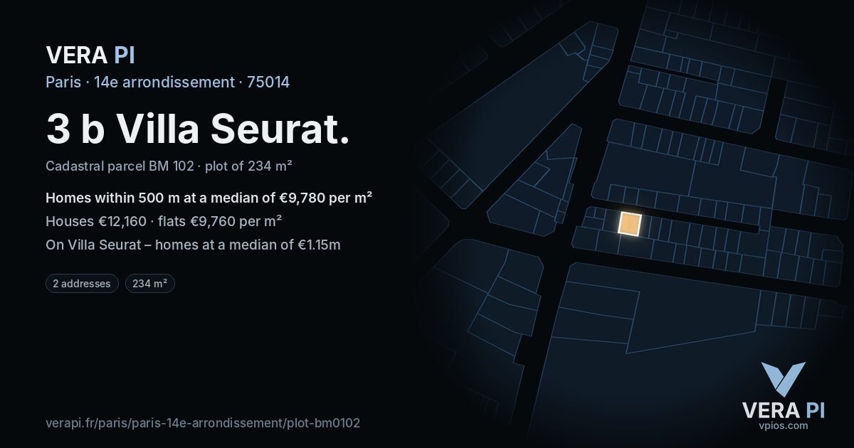 3 b Villa Seurat, 14e arrondissement at night – the plot lit, the parcels around coloured by the prices near them