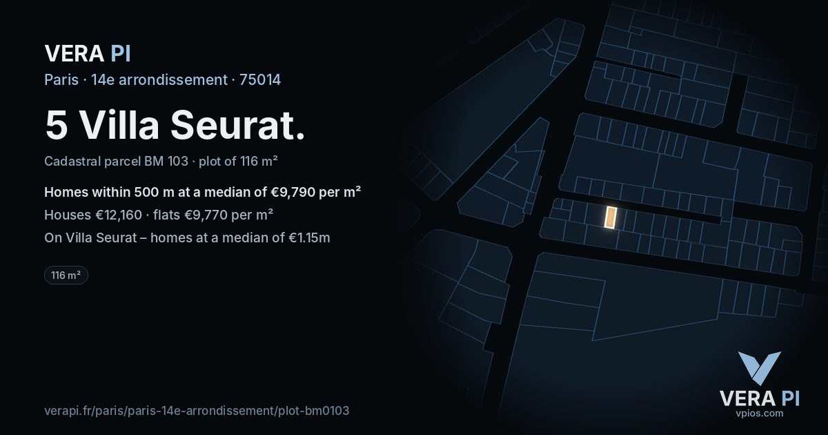 5 Villa Seurat, 14e arrondissement at night – the plot lit, the parcels around coloured by the prices near them