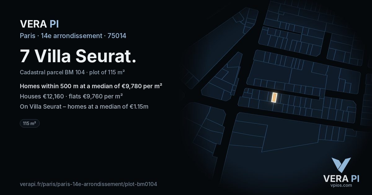 7 Villa Seurat, 14e arrondissement at night – the plot lit, the parcels around coloured by the prices near them