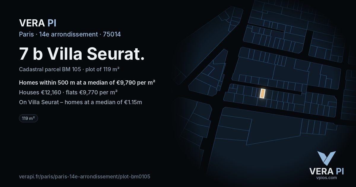 7 b Villa Seurat, 14e arrondissement at night – the plot lit, the parcels around coloured by the prices near them